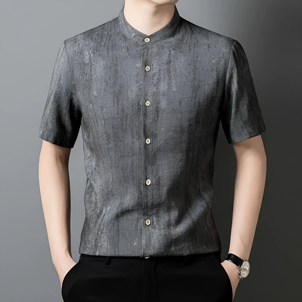 Men's loose linen shirt with stand collar in thin viscose blend fabric