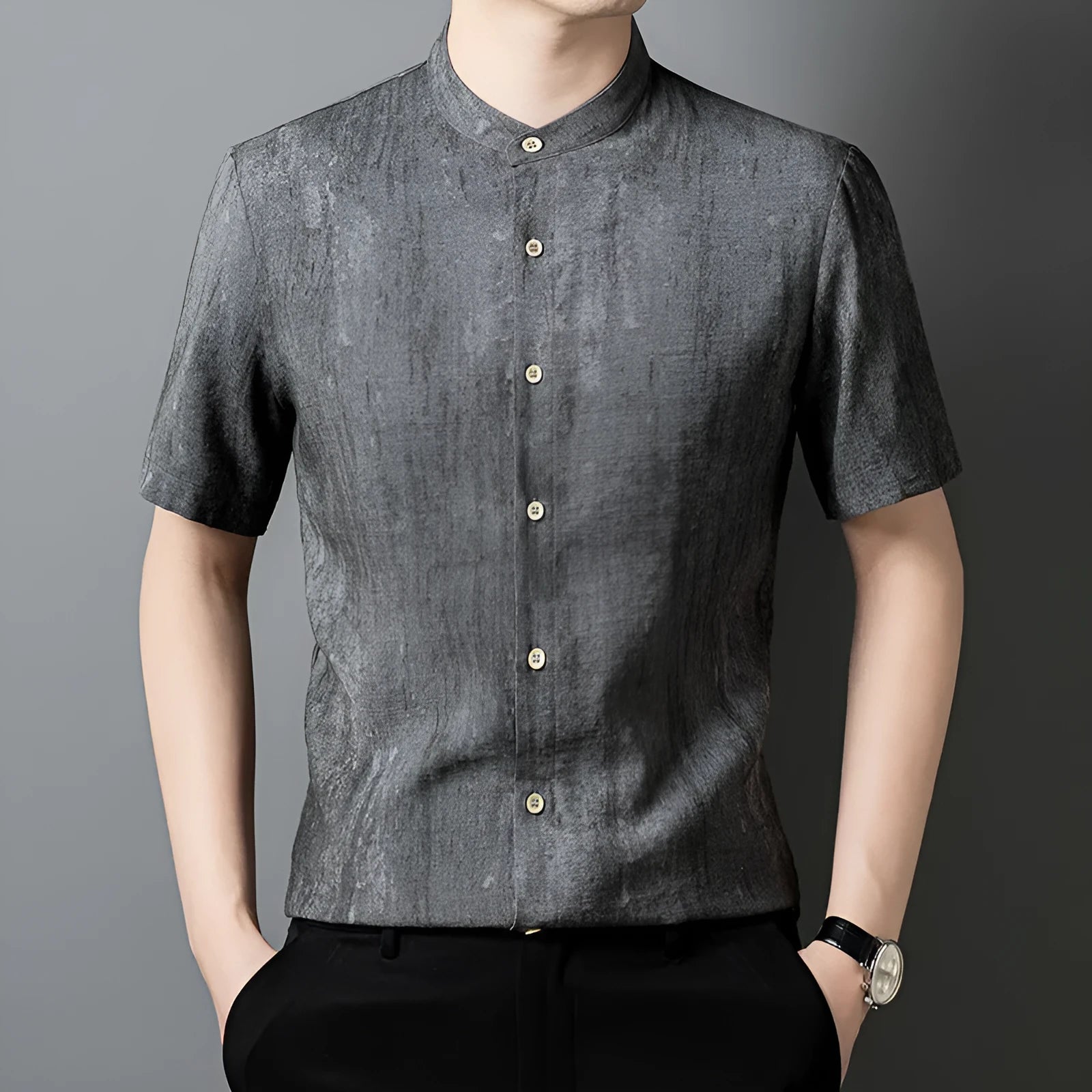 Men's loose linen shirt with stand collar in thin viscose blend fabric