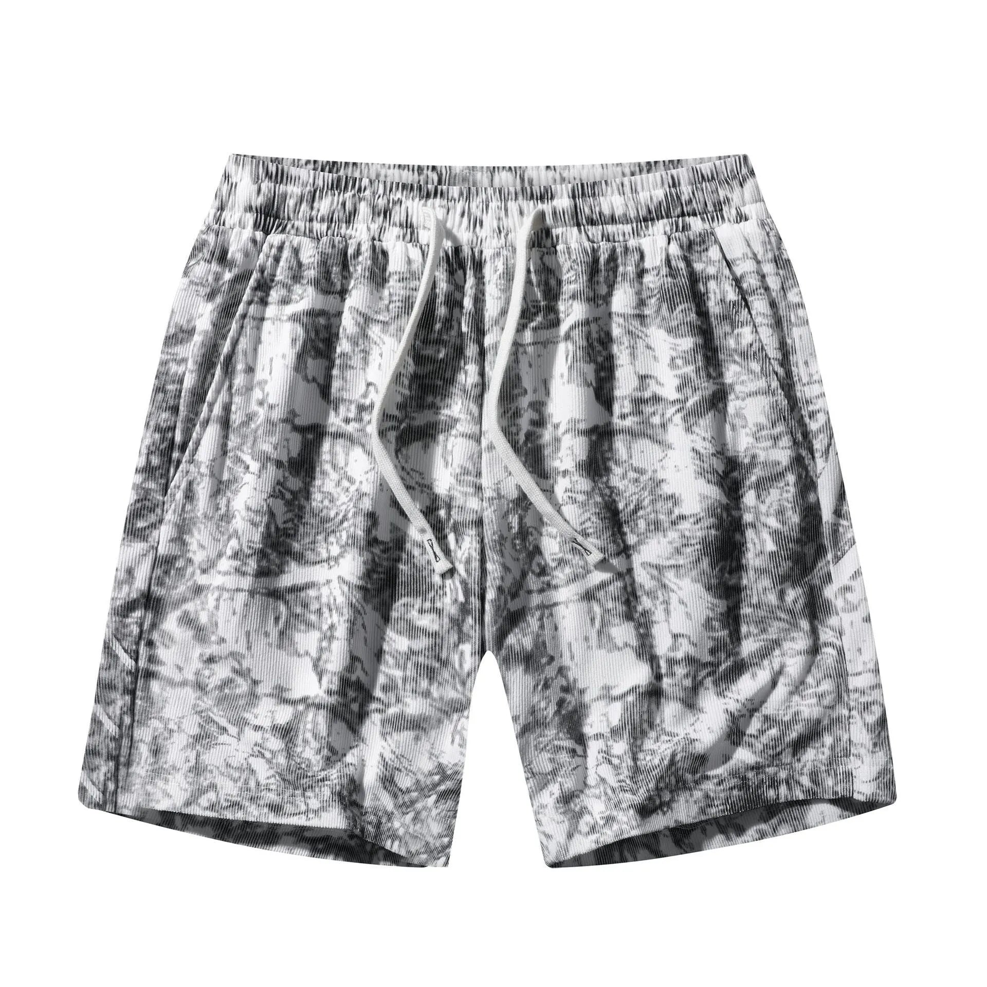 Men's high waist camouflage corduroy athletic shorts in white gray and black colors with straight fit design