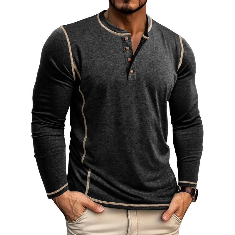 Men's cotton blend Henley shirt with four-button top, slim fit, available in blue, sizes S to 3XL