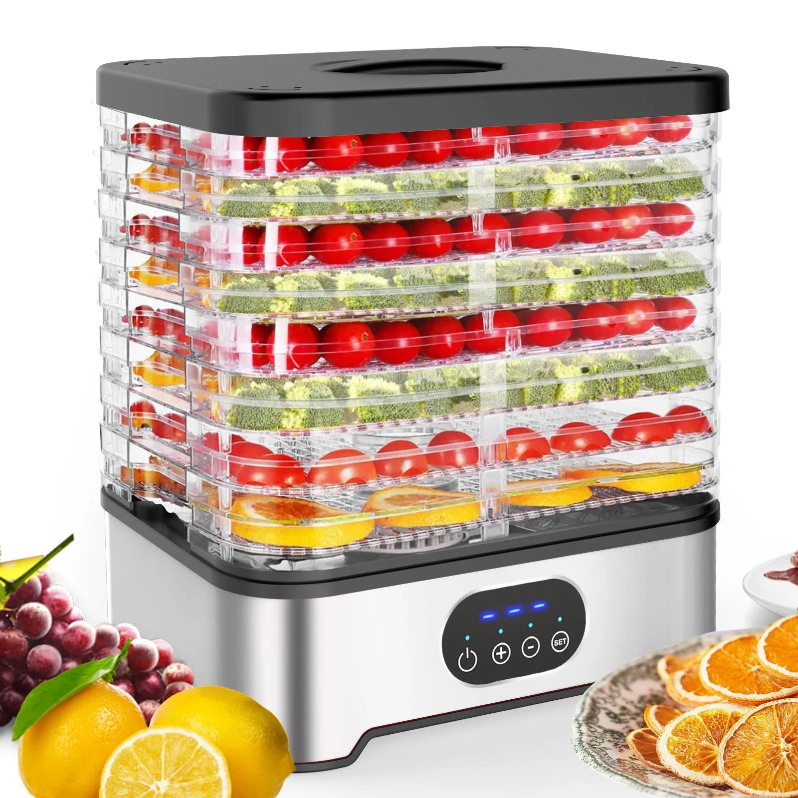 Silver household food dehydrator with 8 stacking trays, shown at full 36.5cm height.