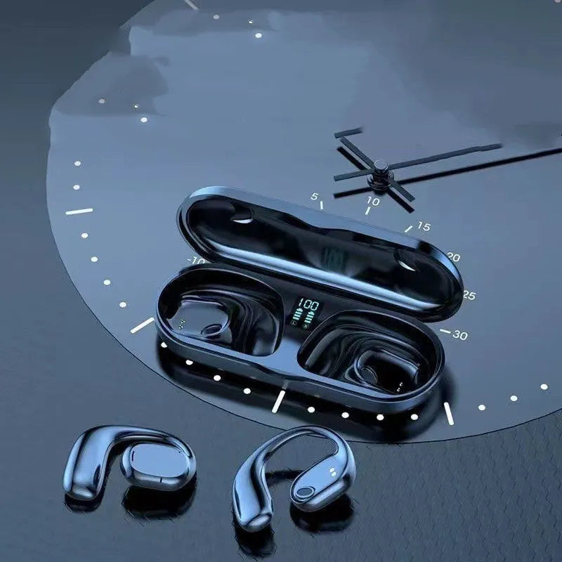 Wireless sports headphones with digital display and charging case in black