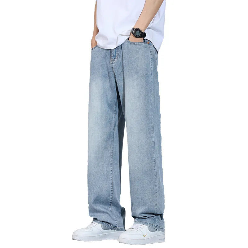 Straight leg casual trousers in denim ice silk fabric with wide leg cut
