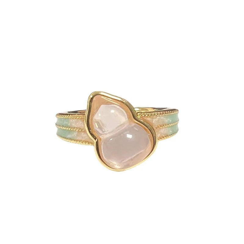 Adjustable vintage gourd ring with hand-painted oil drip finish and inlaid zircon stones