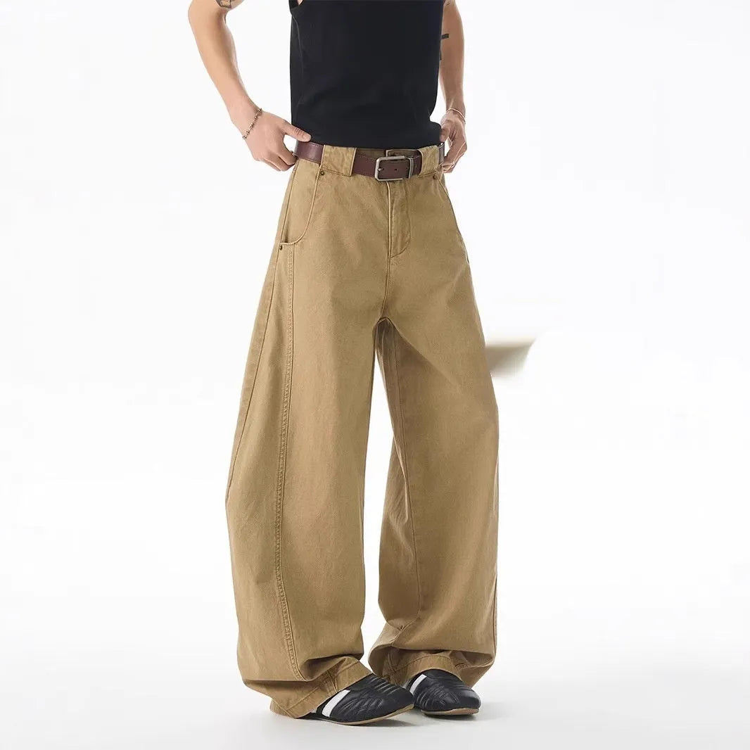 Brown men's loose fit casual jeans with straight leg cut and mid waist design