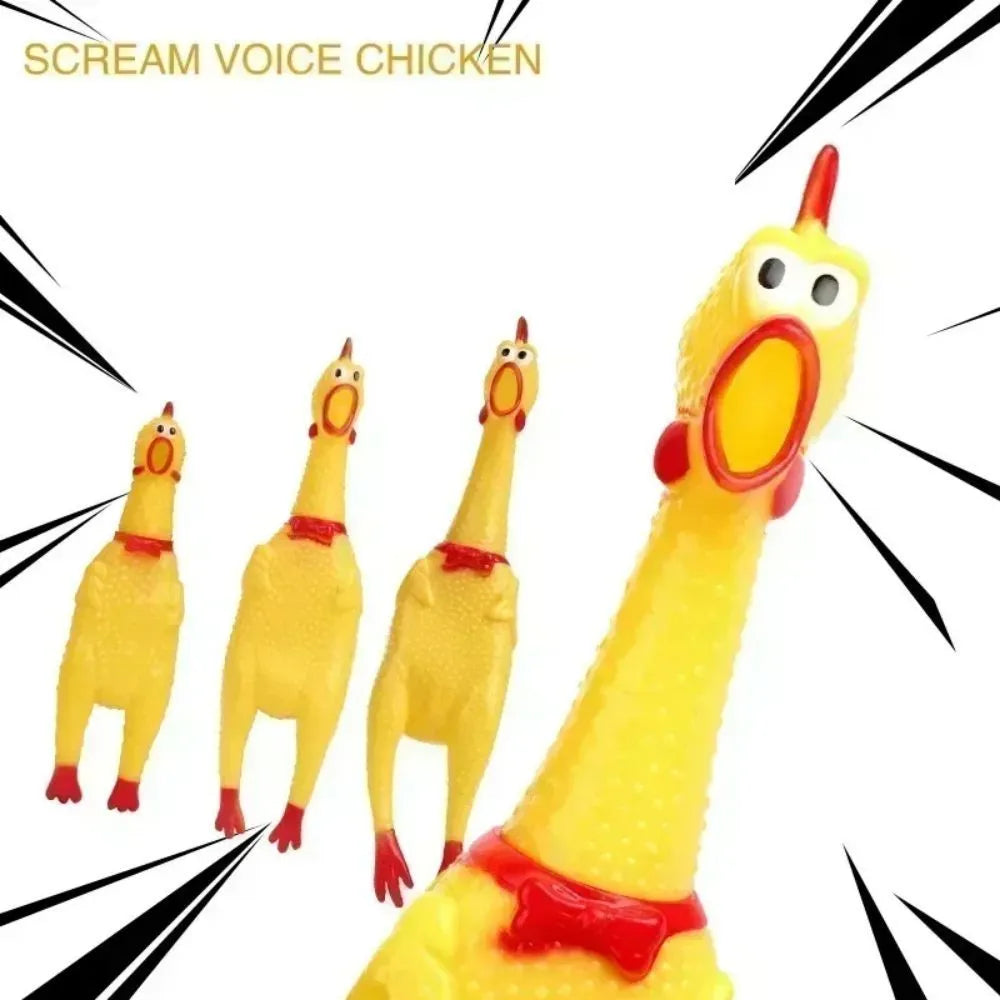 Yellow rubber screaming chicken dog squeak toy in three different sizes.