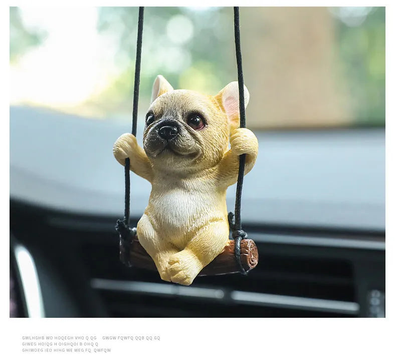 Resin cartoon bulldog car hanging ornament for rearview mirror in black, white, or yellow.