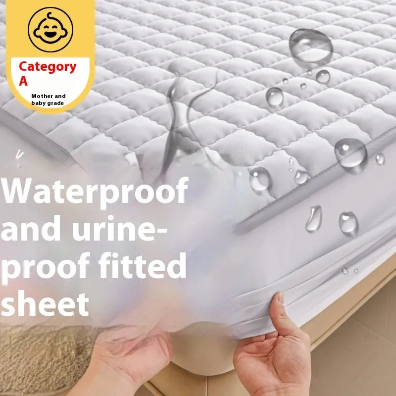 Blue waterproof fitted sheet with elasticated corner on a mattress