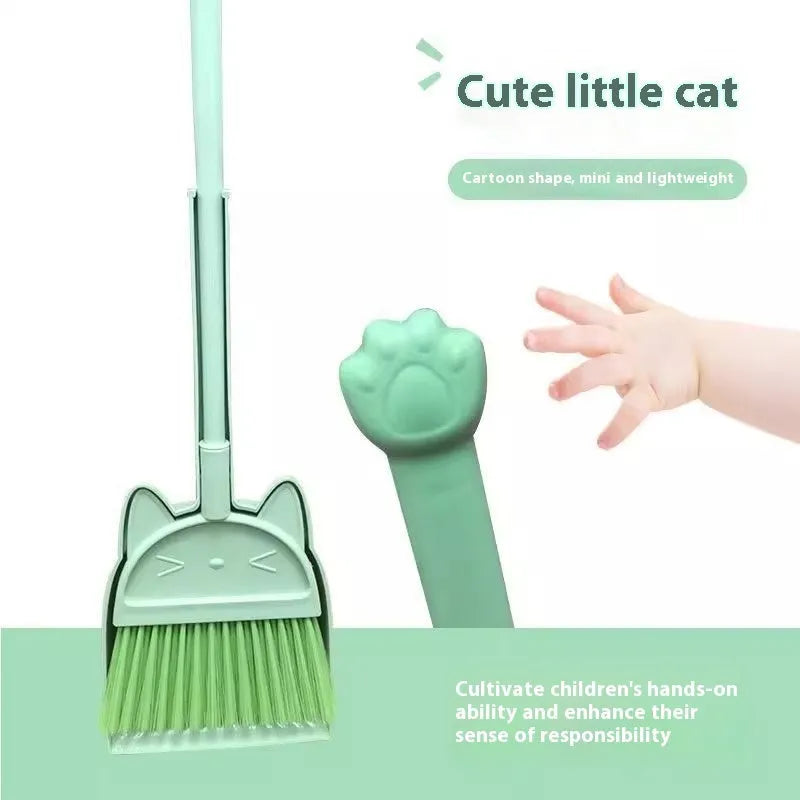 Purple, green, and beige plastic broom and dustpan set with rotating holder.