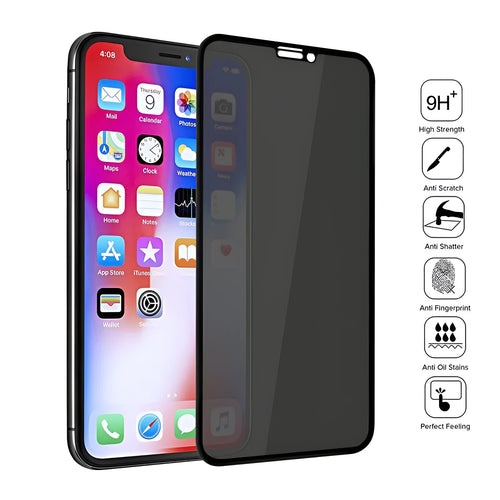 Black tempered glass privacy screen protector for Apple iPhone on a table