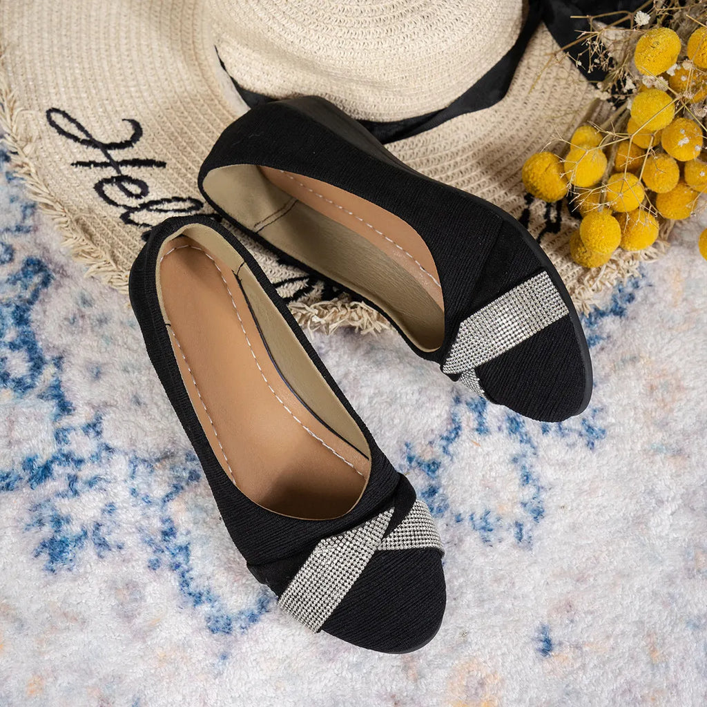 Black women's slip-on casual shoes with rhinestone decoration and chunky heel