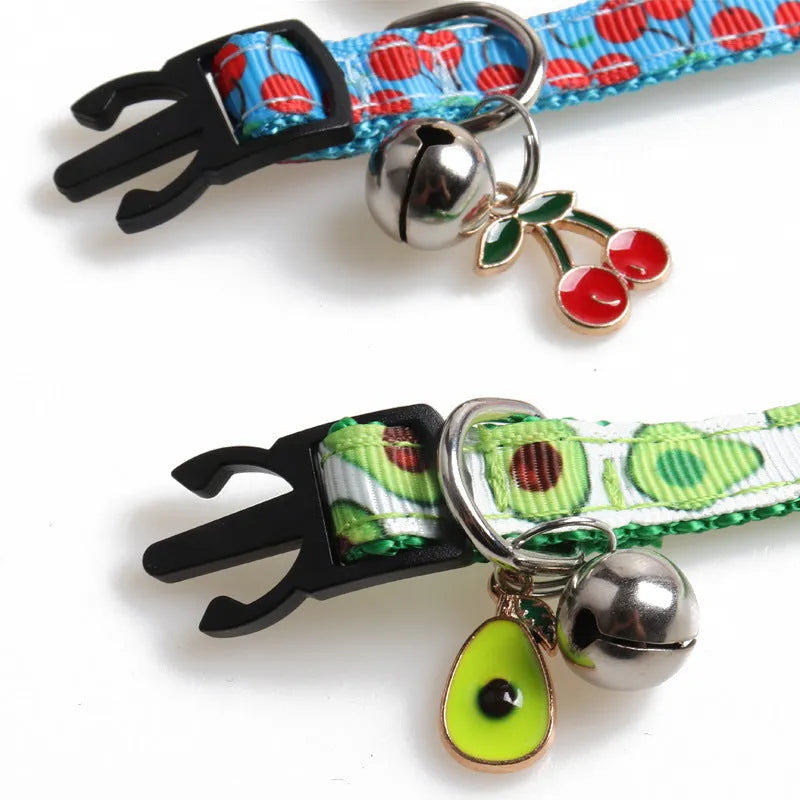Fruit fabric cat collar with bell in pineapple colour, 28CM size, on white background