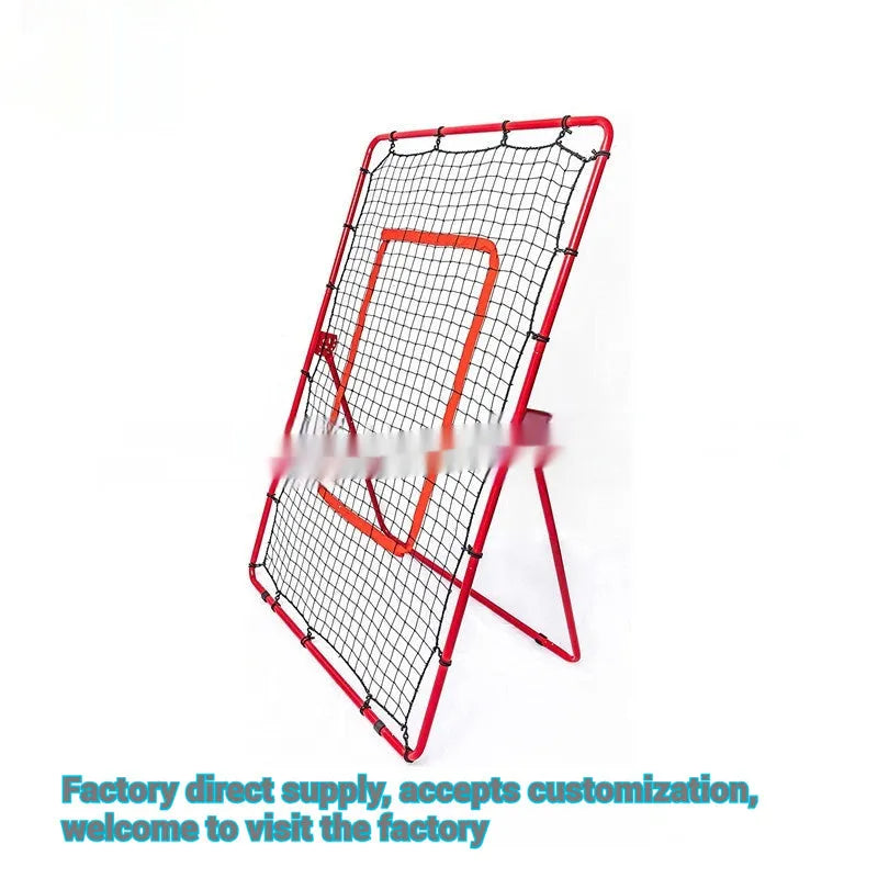 Red portable baseball training net with adjustable metal frame, shown folded for transport.