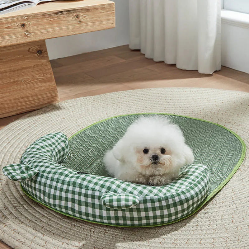 Green and yellow four-season dog and cat bed mattress ice pad shown in four different sizes.