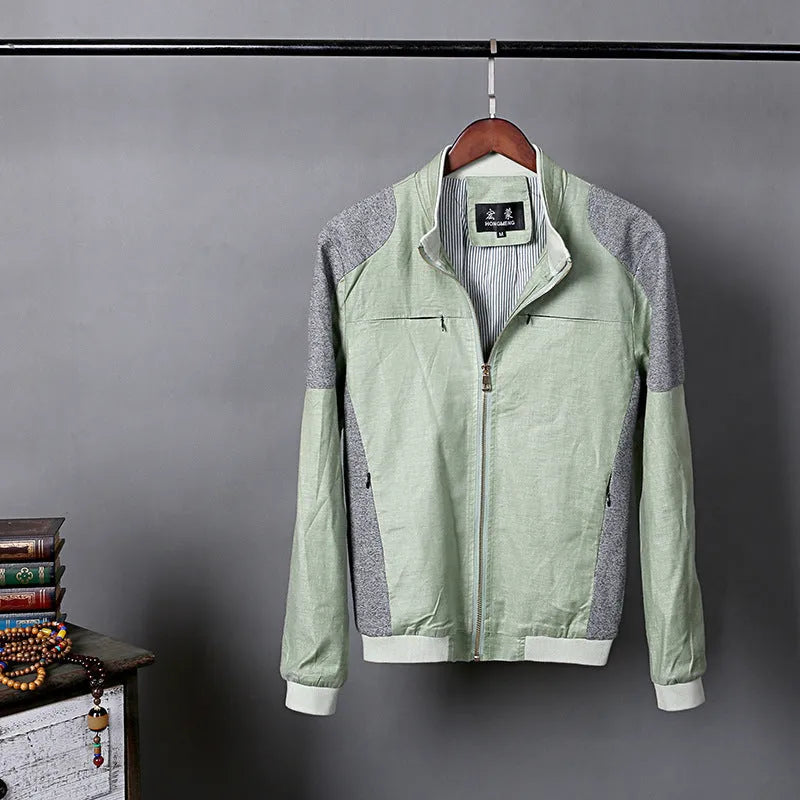 Men's thin cotton linen jacket in blue, grass green, or heather gray on a hanger.
