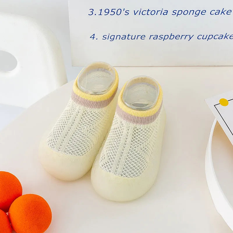 Children's cotton mesh anti-mosquito sock shoes in pink with non-slip sole, short tube style