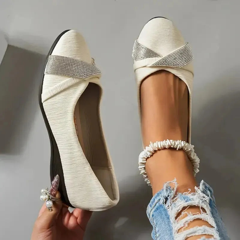 Black women's slip-on casual shoes with rhinestone decoration and chunky heel