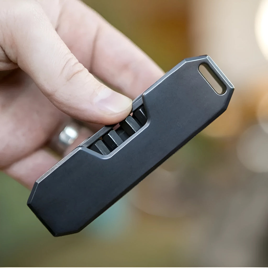 Creative outdoor EDC pocket tool set with metal alloy body and multiple heads in black and gray options