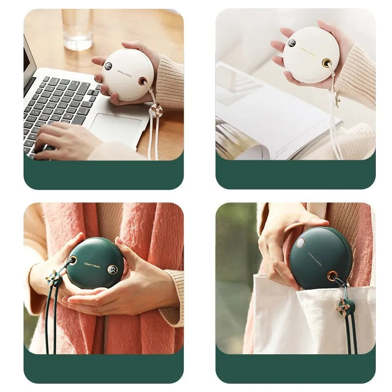 Green hand warmer power bank with digital display showing battery percentage and temperature setting