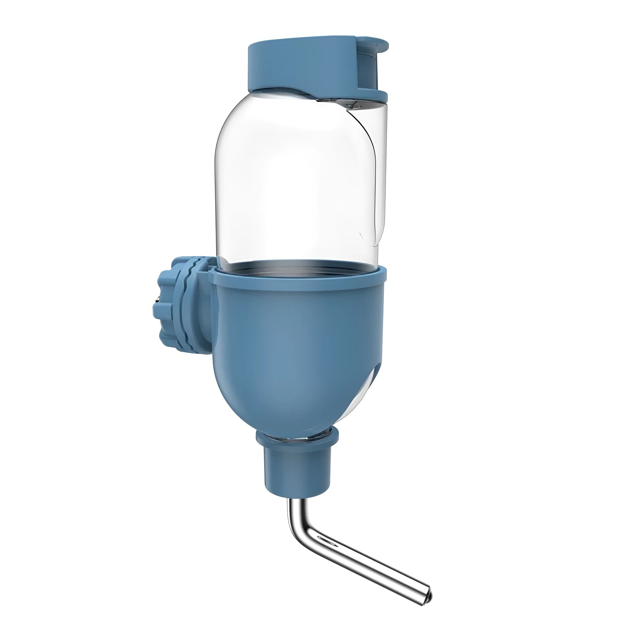 Blue small animal cage water bottle with 360° rotatable nozzle and mounting bracket
