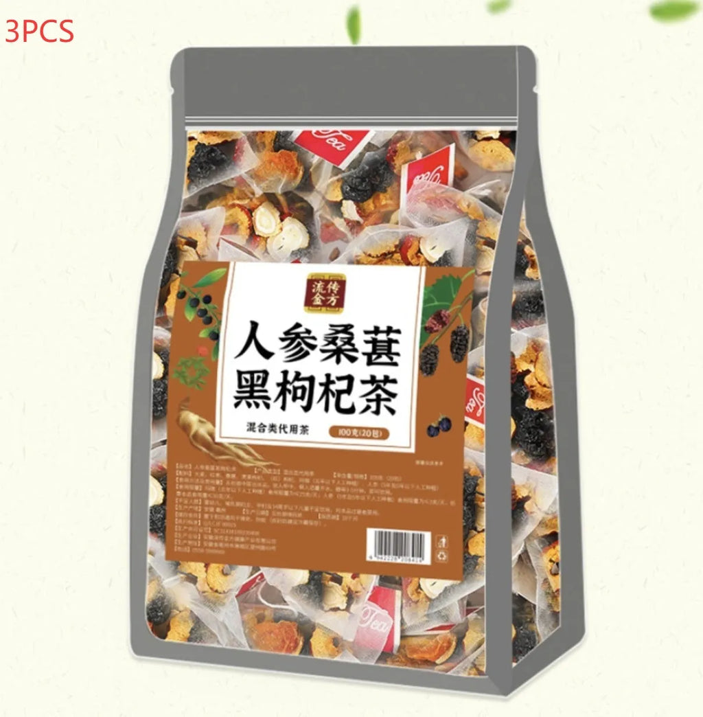 Bag of Ginseng Black Wolfberry Tea containing 40 individual 5g tea sachets, total 200g.