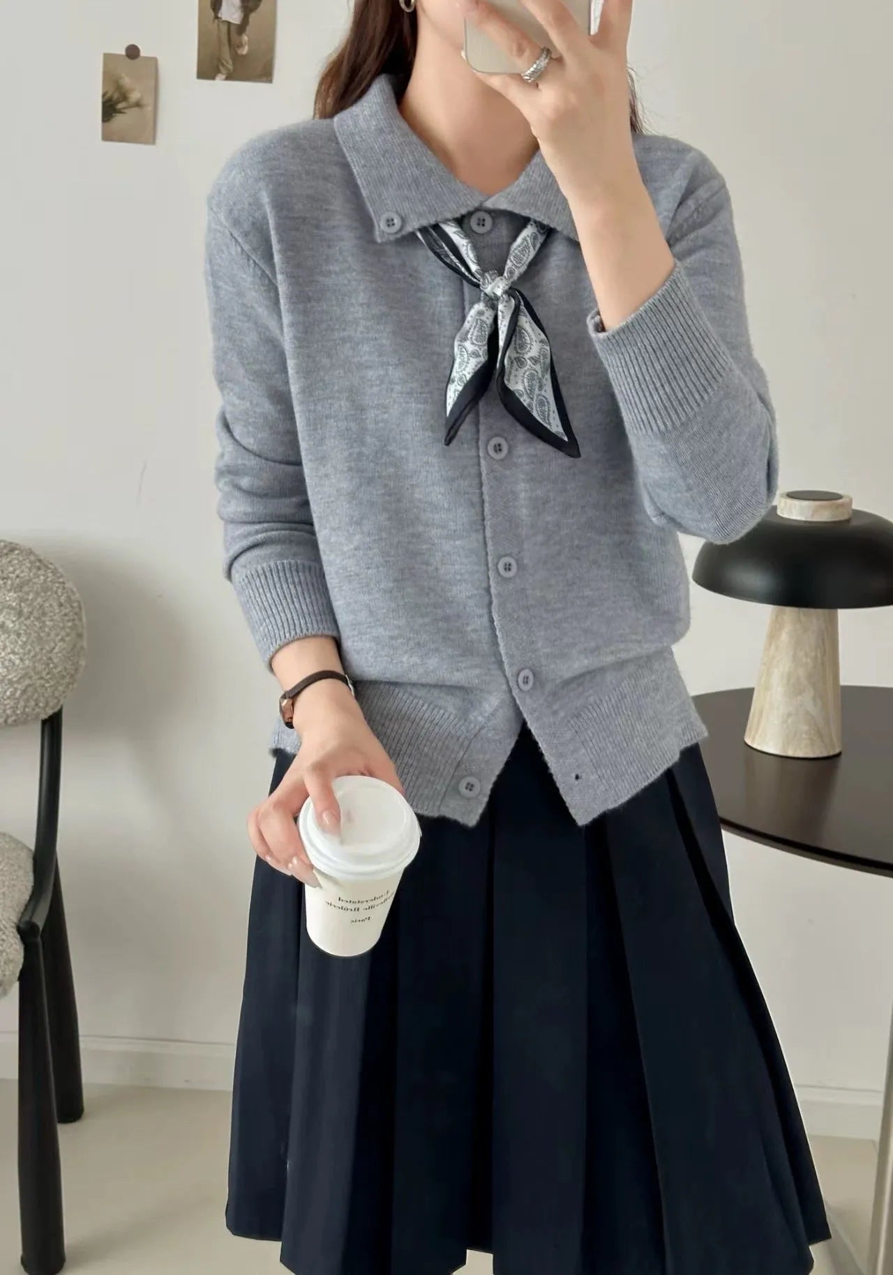 Lazy Fashion lapel and scarf detail cardigan sweater in acrylic fabric