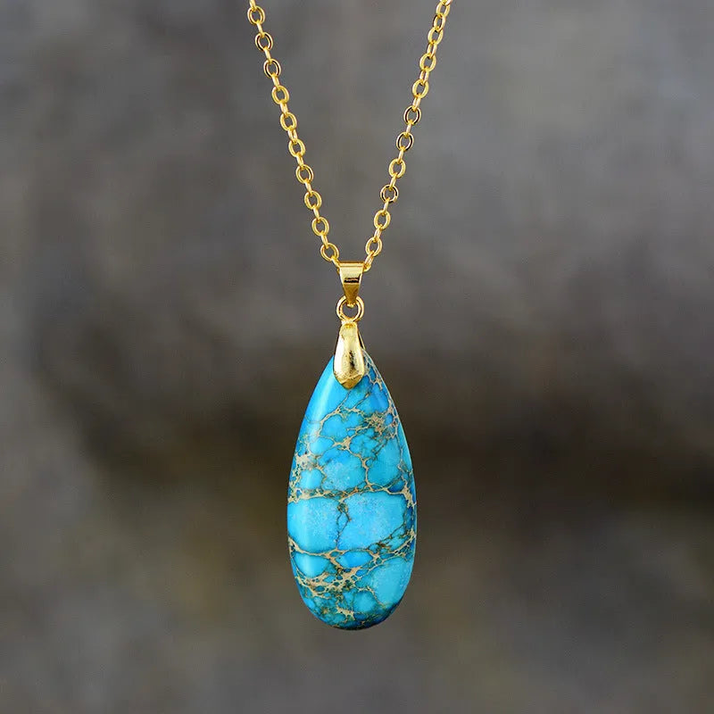 Emperor Stone water drop pendant necklace with natural jade and 18K gold plating in multiple colour variations