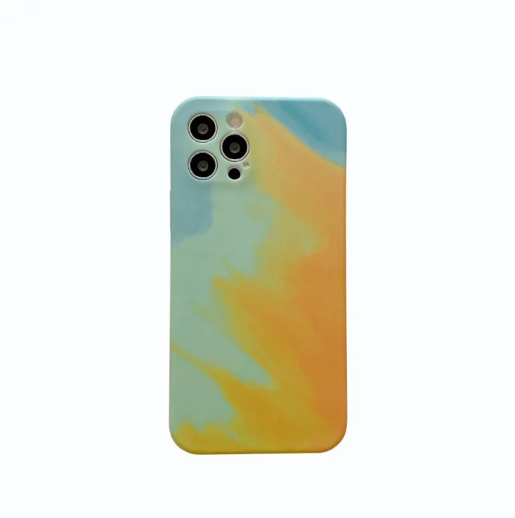 Soft silicone iPhone case with blue and purple oil painting gradient and white geometric abstract pattern.
