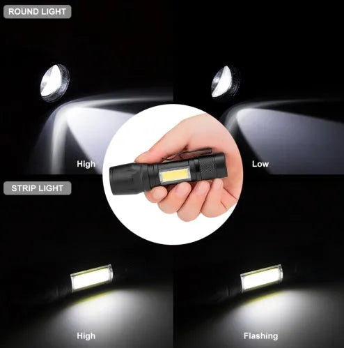 Mini telescopic aluminium alloy LED flashlight with adjustable focus and pocket clip