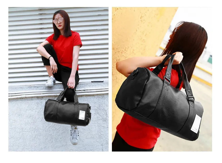 Black waterproof sports fitness bag with separate shoe compartments and diagonal carry straps.