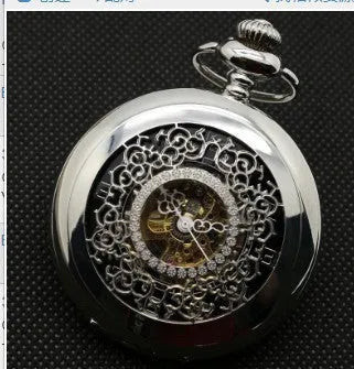 Retro floral print automatic mechanical pocket watch with transparent case back and alloy construction