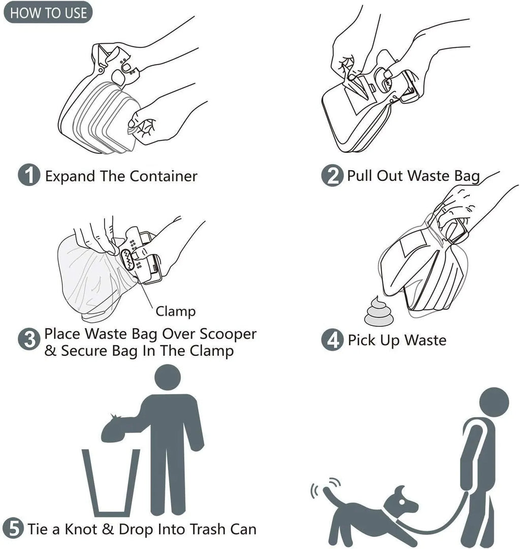 Blue portable dog pooper scooper with clip and expandable waste container next to a dog leash.