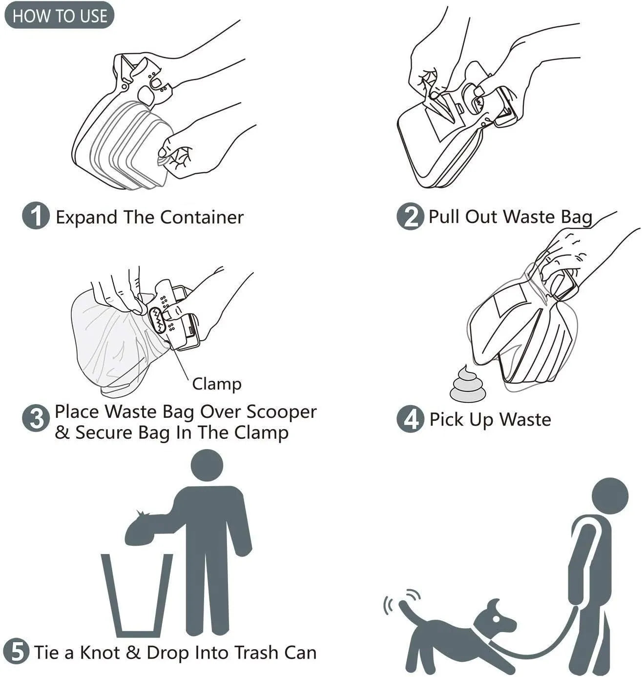 Blue portable dog pooper scooper with clip and expandable waste container next to a dog leash.