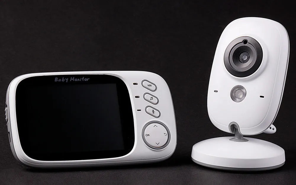 VB603 digital baby monitor showing parent unit with 3.2" colour screen and compact camera with night vision LEDs.