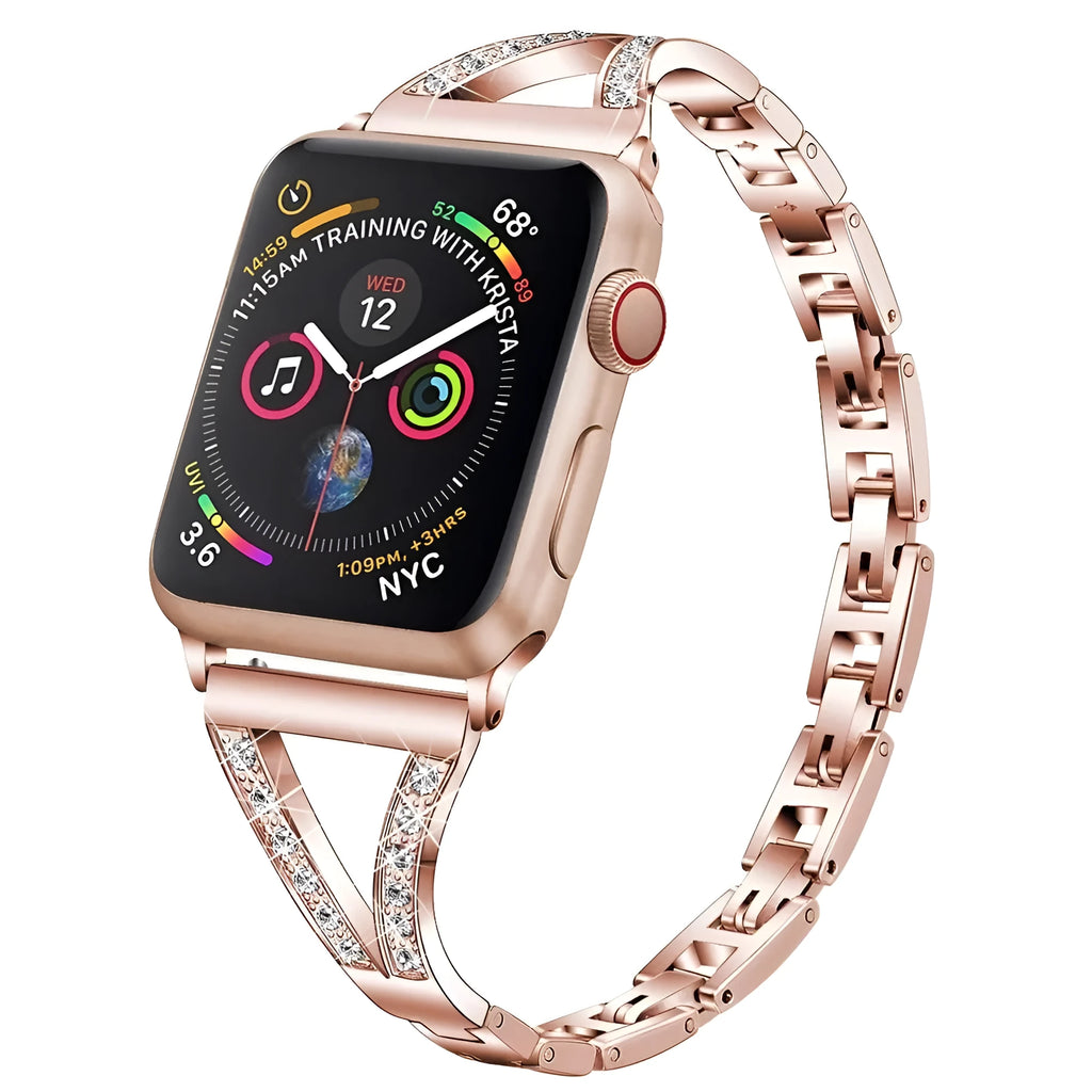 Stainless steel smartwatch strap with diamond studs in rose gold colour