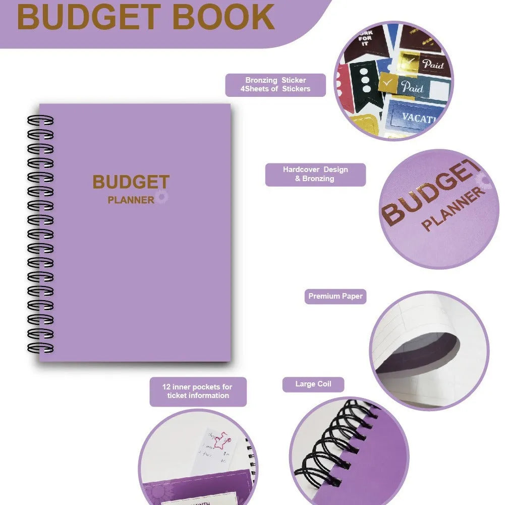 A5 purple budget notebook with coil binding, stickers, pen, and paper clips for financial planning