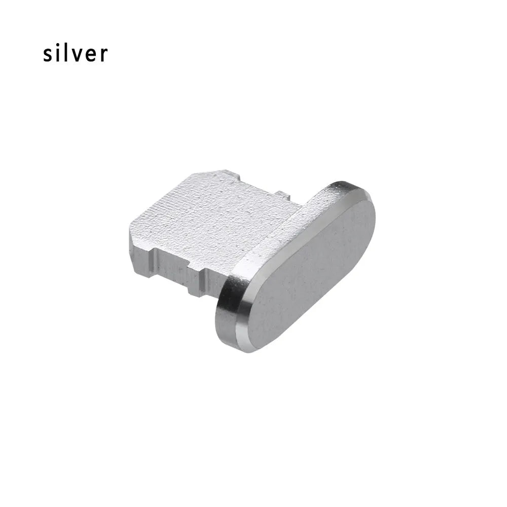 Aluminium alloy charging port dust plug for iPhone in various colours including gold, silver, and rose gold.