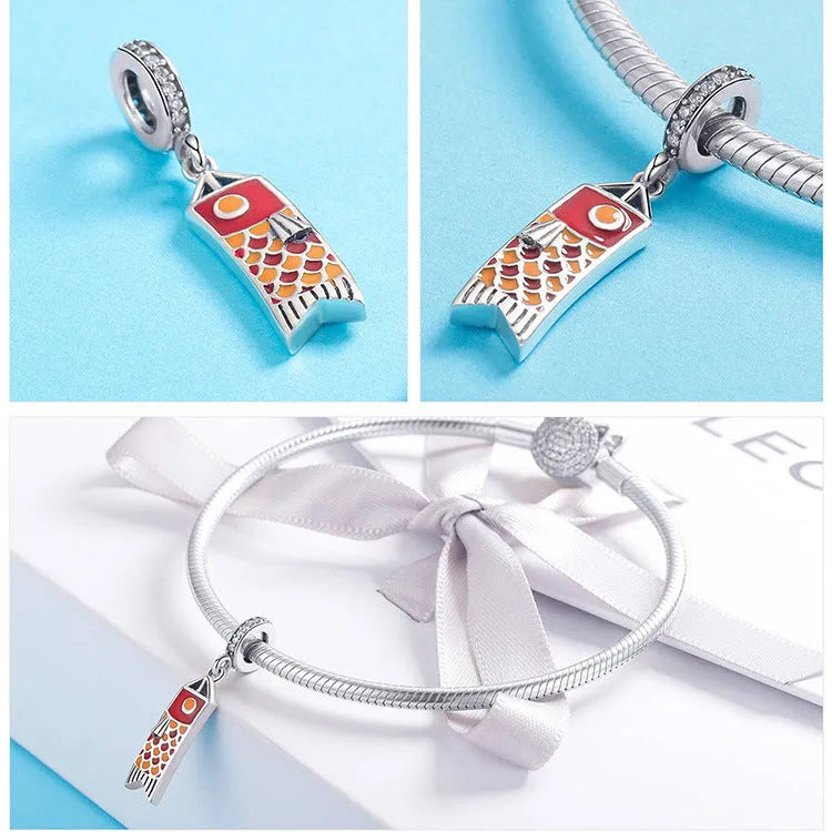 S925 sterling silver carp fish streamer pendant charm with zircon stones.