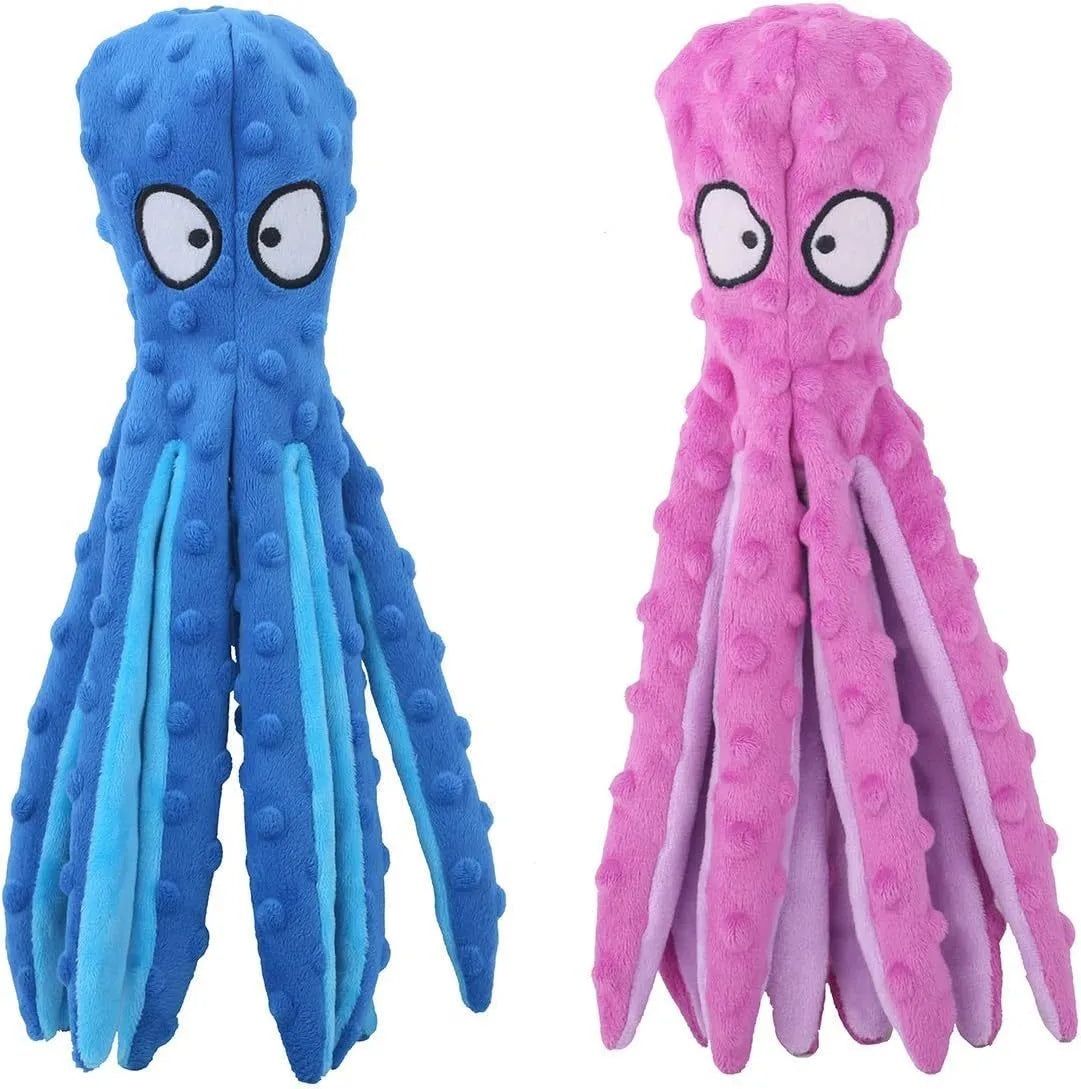 Blue octopus-shaped dog toy with tentacles, no stuffing, suitable for chewing and interactive play