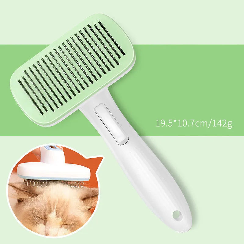 Automatic pet hair removal comb for dogs and cats in blue, grey, green, and pink colour options
