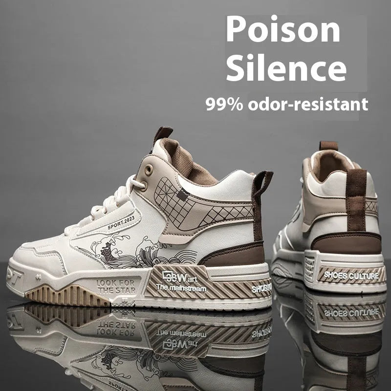 Men's beige, white, and blue high-top casual sneakers with lace-up front and rubber sole.