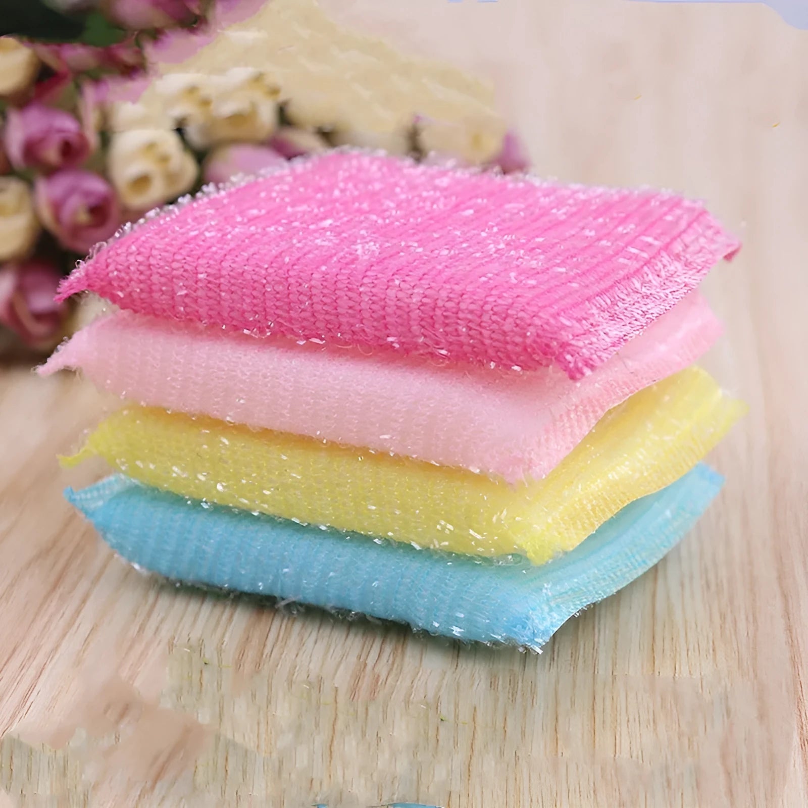 Pinstripe fabric dishwashing sponge mop in macaron colours showing 12cm length