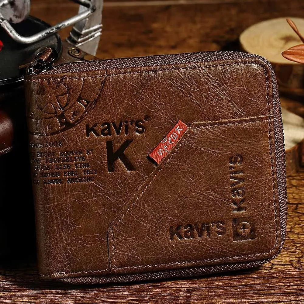 Men's soft genuine leather wallet in coffee colour with zipper closure showing multiple internal compartments