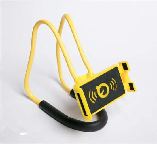 Universal white plastic phone neck holder with shock foam, showing 360-degree rotation and phone clamp.