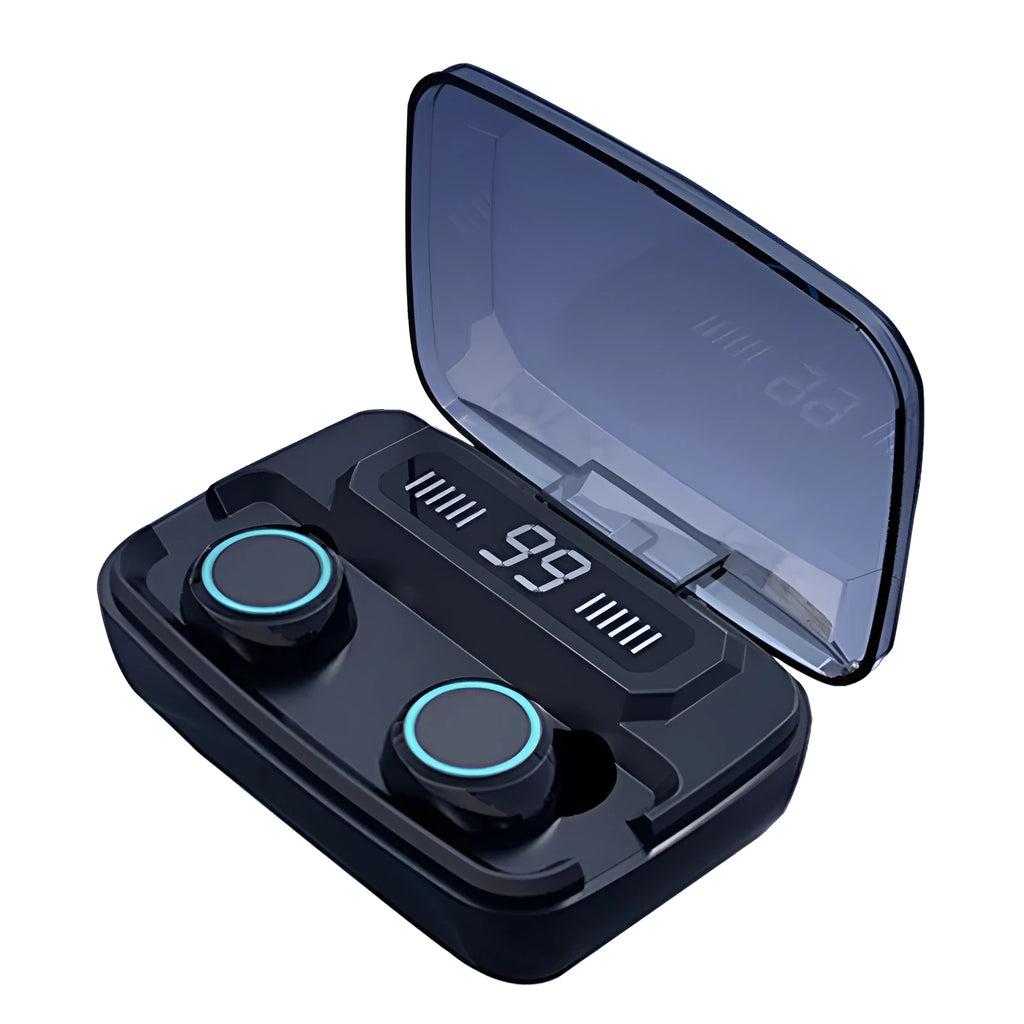 Black M11 style Bluetooth wireless headset with digital power display showing battery level