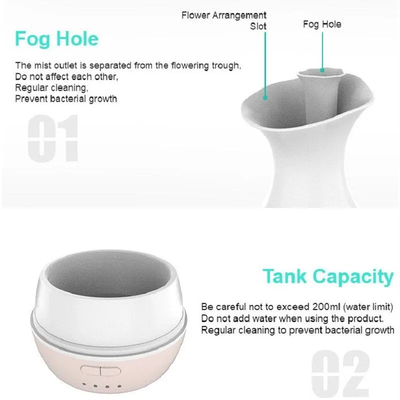 White ultrasonic aromatherapy diffuser with 200ml capacity and multicolour LED lighting on wooden table