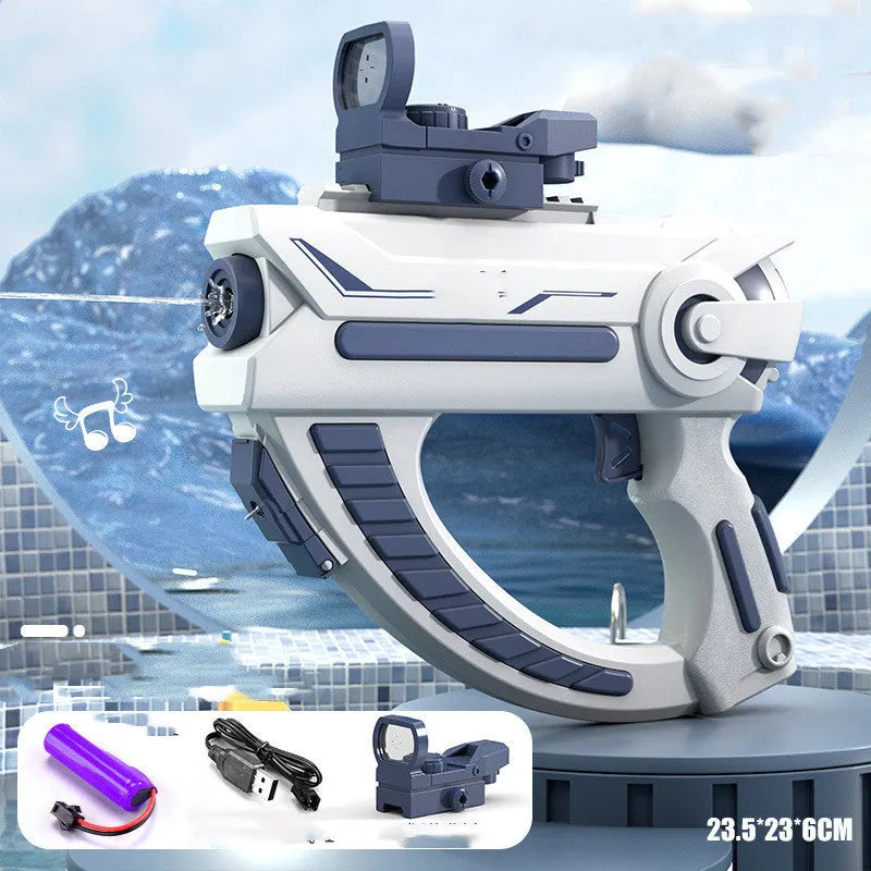 Blue electric water gun with USB charging cable and automatic straw