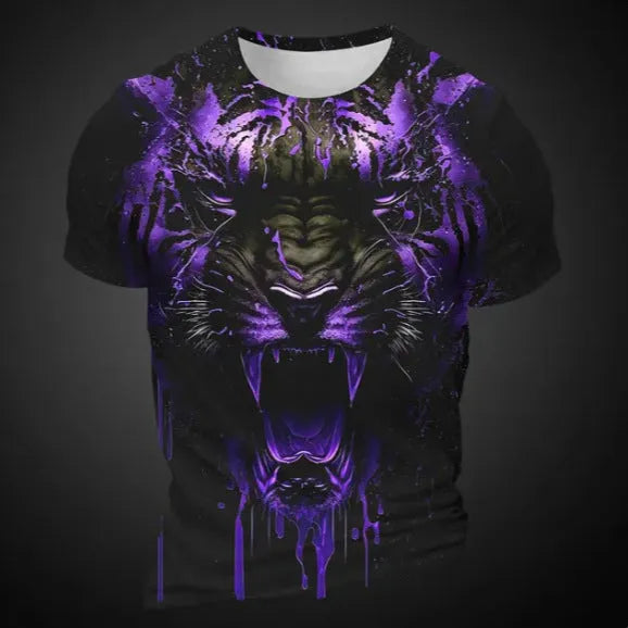 Men's short sleeve t-shirt featuring a 3D tiger pattern printed on bird eye cloth polyester fabric