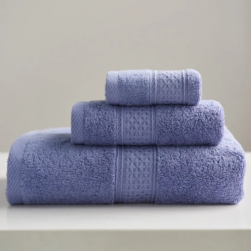 3-piece pure cotton towel set with square, hand, and bath towel in assorted colours