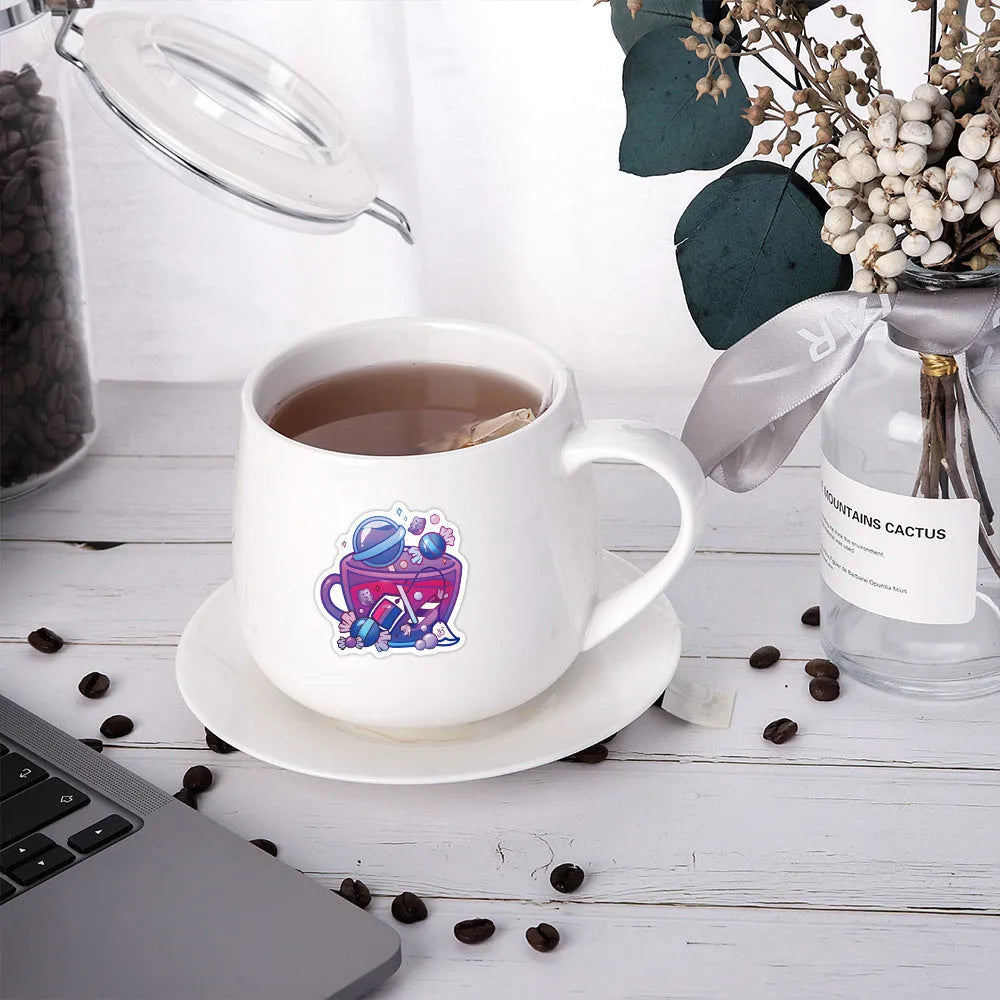 Colourful tea cup graffiti design waterproof stickers 50 piece pack for luggage and scooter personalisation